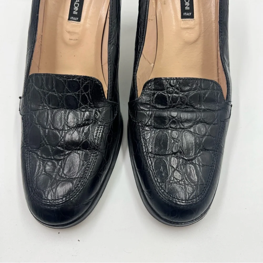 Adrienne Vittadini black croco-embossed leather loafer heel made in italy 9